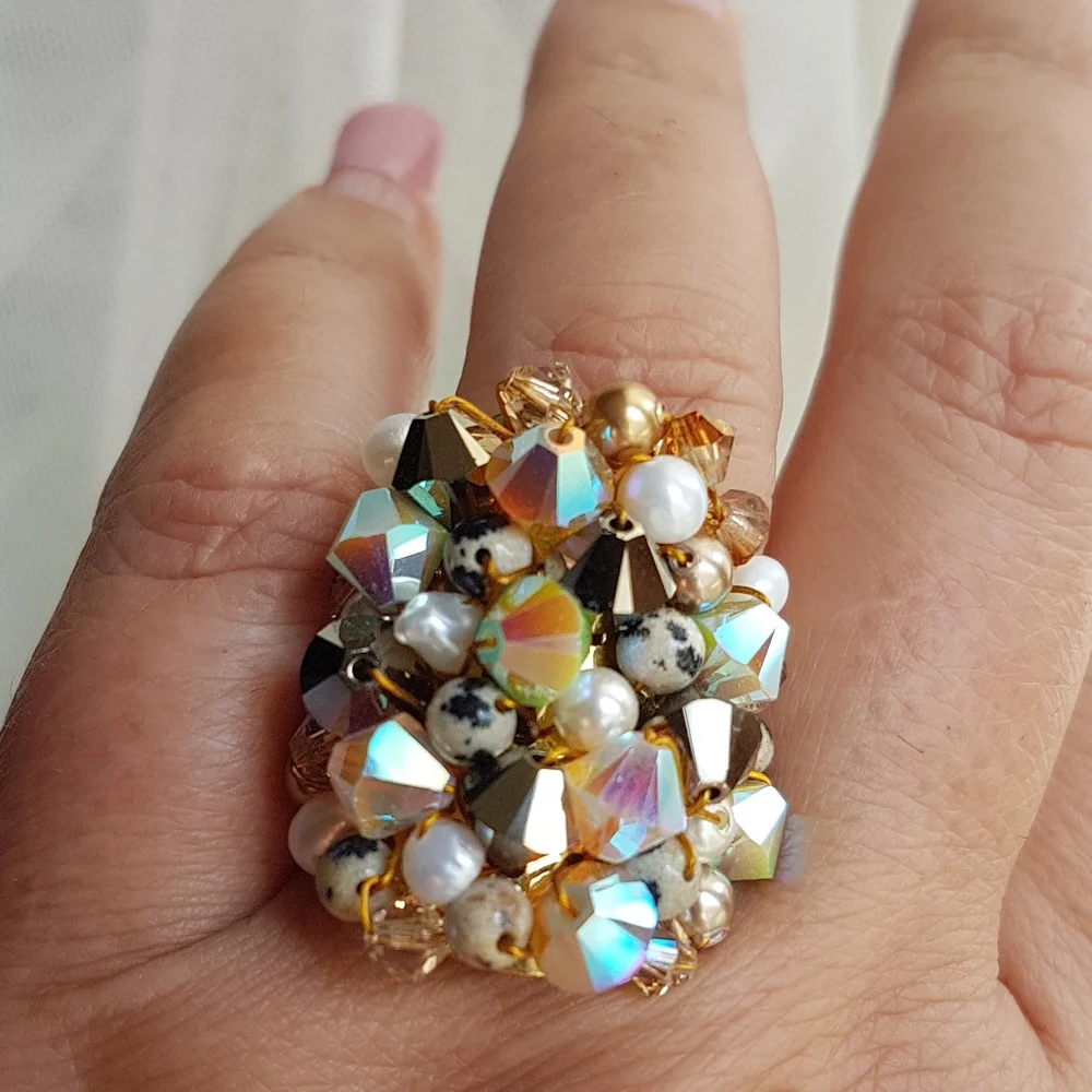 Swarovski Elements Large Dark Brown & Dalmatian Beads Cluster Statement Ring NWT